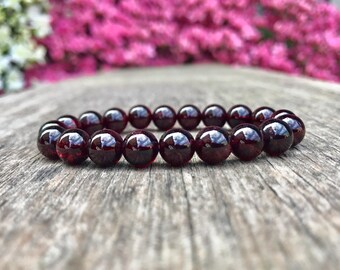 Garnet Bracelet Handmade Grade AAA 9mm Burgundy Red Garnet Beaded Gemstone Bracelet Unisex Bracelet Stack Bracelet Happiness Bracelet