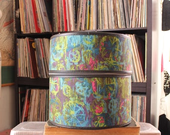 psychedelic 60s vintage wig box, large round train case luggage . batik cloth fabric zipper case hat box by Bagmaster