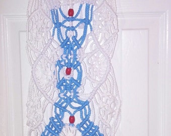 White and blue macrame wall hanging