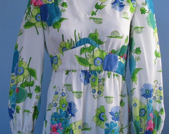 Vintage 60’s 70s Hippie Boho Dynasty Floral Snail Garden Empire Waist Maxi Dress S M