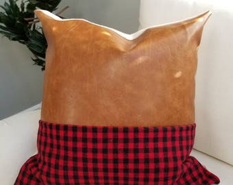 Buffalo Check and Faux Leather Pillow