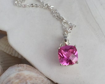 Pink Sapphire Necklace, Pink Sapphire Pendant, Cushion Cut Pink Sapphire, Checkerboard Pink Sapphire, Birthstone, Bridesmaids