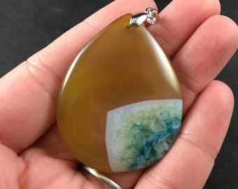Yellow, White, Green and Blue Druzy Stone Agate Pendant Necklace