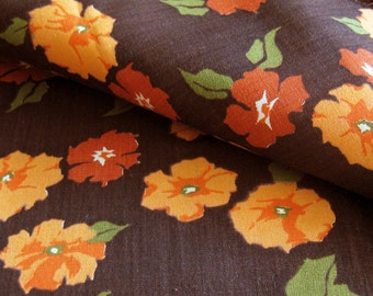 Vintage Floral Print Cotton Fabric / Peach and Chocolate Brown Floral / Cotton Dress Yardage
