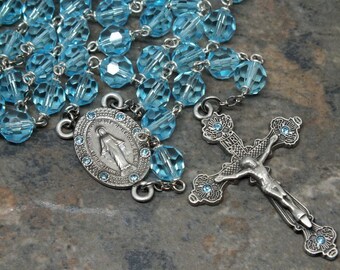 Czech Crystal Rosary in Aqua Bohemica, 5 Decade Rosary, Catholic Rosary, Auqa Rosary, March Rosary, Birthstone Rosary, Miraculous Medal