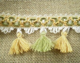Lace fringe "tassels" synthetic, Ecru, green and yellow embroidered width 6.5 cm