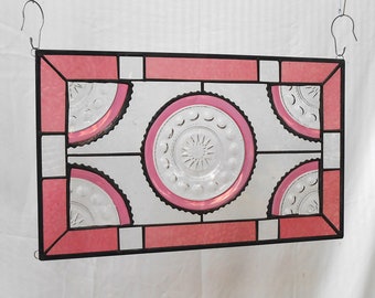 Stained Glass Window Panel, Indiana Glass Kings Crown Cranberry Flashed Thumbprint Plate, Antique Art, Recycled Stained Glass Transom Window