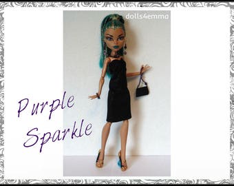 Monster High Nefera Doll Clothes PURPLE SPARKLE - goth Dress, Purse and Jewelry Handmade Fashion - by dolls4emma