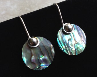 Vintage Large Abalone Sterling Silver Modernist Earrings
