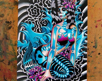 Signed Art Print | 5x7, 8x10, or 11x14 in. | "Siren's Song" | Sugar Skull Mermaid | Day of the Dead Under the Sea Lowbrow Tattoo Painting