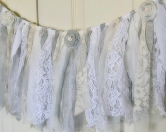 shabby fabric banner, fringe fabric garland, rag fabric banner, shabby lace boho home decor, shower decor, window swag, photo prop, gray