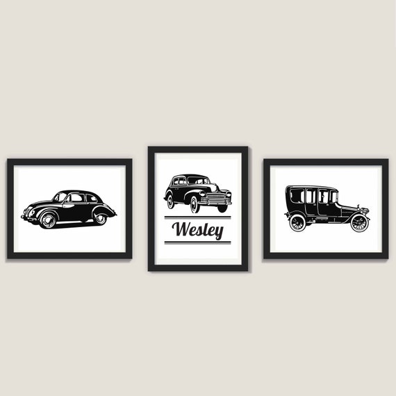 Personalized Set Of 3 Vintage Car Prints Custom Nursery Art