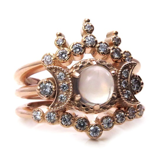 Moon Mystic Engagement Ring Set - Moonstone and Diamond Celestial Triple Moon Phase Wedding