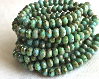 30 Opaque sky blue Picasso puffy rondelles beads, small 3 x 5mm faceted Czech glass rondelles C00201