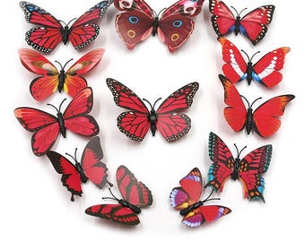 12 butterflies red 3D stick or magnetic 6 to 12 cm
