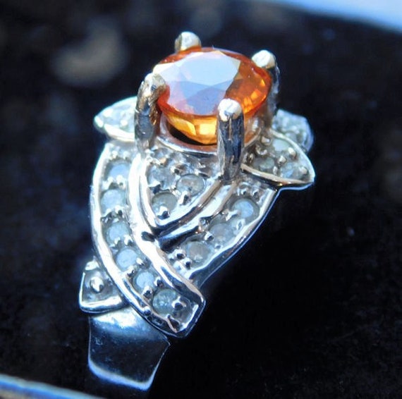 Mandarin Garnet and Diamond Ring / 10K White Gold / Size 6 Six / Edwardian Art Deco Revival / Unique Engagement