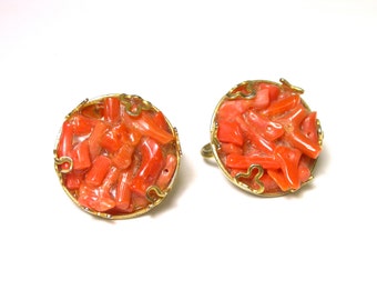 Vintage Coral Earrings - Gold Plated Clip-On Earrings - Orange Coral Chips # 1082