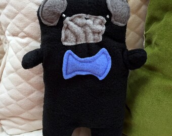 Oliver~ The Black Pug Bow Tie Bummlie ~ Stuffing Free Dog Toy ~ Ready To Ship Today - Blue Bow Tie