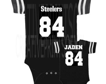 Personalized FOOTBALL inspired front/back option design jersey bodysuit! Fans Steelers, Giants Eagles, Patriots, GB Packers, Cowboys,+ more!
