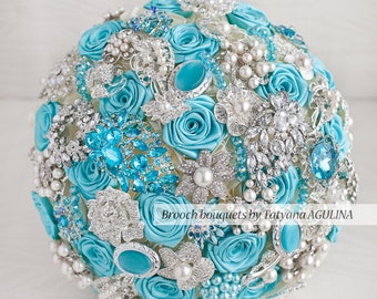 Brooch bouquet. Turquoise and silver wedding brooch bouquet, Jeweled Bouquet. Made upon request