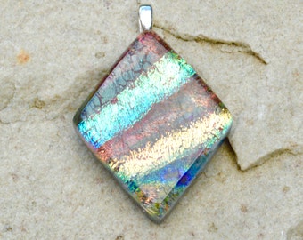Dichroic Glass Pendant Iridescent Mixture of Colours Soft Brown Yellow Gold Turquoise Diamond Small Silver Plated Bail Fitting - Gift Boxed