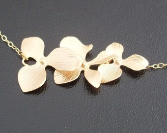 Triple Orchid Necklace, Gold Orchid Necklace, Gold Orchid Flower Necklace, Gold Flower Necklace, Cascading Necklace, Trio Necklace