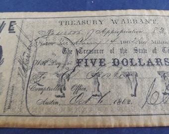 Reproduction Treasury Warrant Note State of Texas 1862