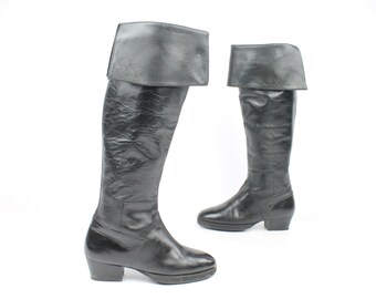 Vintage 80s Pierre Balmain Riding Boots Black Leather Knee High Pirate 1980s Womens size 6.5