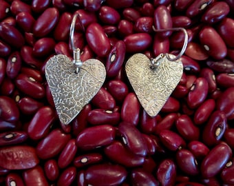 Heart Shaped Leaf Textured Fine Silver Earrings