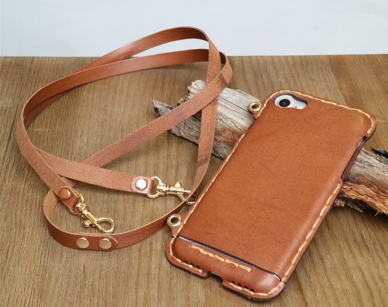Leather iPhone 7 plus case with lanyard & eyelet crossbody