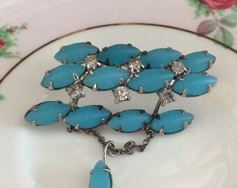 Vintage Frosted Blue Glass Raised Tiered Brooch Silver Tone