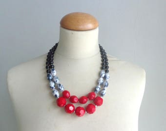 Chunky Double Strand Statement Necklace, red white black Anthropologie, modern tribal, statement, red black necklace