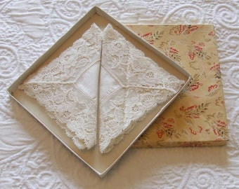 Pair of Vintage Cream Coloured Cotton and Handmade Lace Trimmed Handkerchiefs