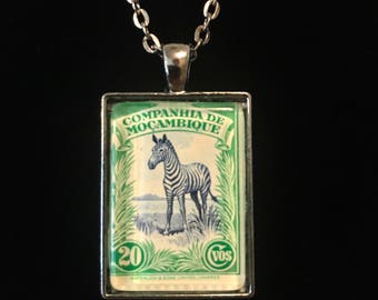 Zebra Postage Stamp Necklace | Mozambique | 1930s Vintage