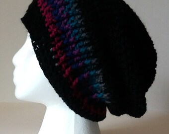 Black, Purple, Teal, Navy Blue, Magenta and Gray Beanie // Striped Womens Slouchy Beanie // Bright Womens Slouchy Hat