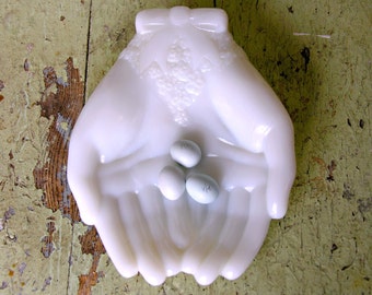 Vintage White Milk Glass Hand Dish for Soap, Rings, Jewelry, Candy - Avon Double Open Hands