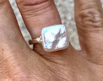 Square Freshwater Pearl Ring on Sterling Silver