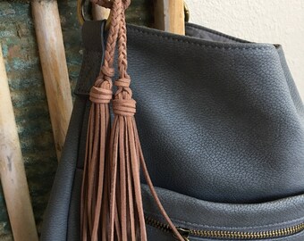 Bag Charm with Double Tassel for Handbag, Purse, Keys and Totes - Faux Suede Leather Choose from 26 Colors - Tassel Lariat (ST130)