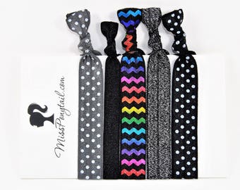 Rainbow Chevrons Hair Ties, Grey, Black, Dots, Elastic Hair Ties, Handmade, Elastic Ribbon, Ponytail Holder, Knotted Hair Ties missponytail