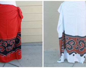 White or Red-Tapa,Tahitian pareo, dance fabric, pareo, costume,Red, Black and rust, rayon, fringeless