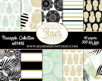 Pineapple Digital Paper:Digital Paper Pack, Wedding Digital Paper, Palm Leaf Digital Paper, Black and Gold Pineapple Digital Paper