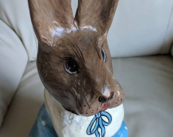 VIntage Paper Mache Tall Rabbit in blue and white dress, 16.5 inch tall.