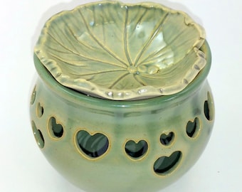 Green Votive Candle Holder or Luminary with Heart Cut-outs with Green Leaf Diffuser - Wheel Thrown Pottery