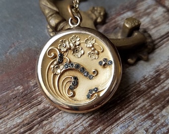 SOLD Antique Floral Repousse Swirl Scrolled Work Rhinestone Gold Filled Locket Necklace,Monogram MCB, Wedding Locket