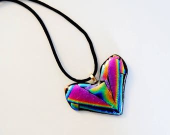 Dichroic Glass Rainbow Heart Pendant, Multicolored Glass Heart Necklace, Dichroic Fused Glass Rainbow of Color Heart Pendant, Black Cord