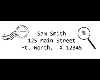 30 Personalized Return Address Labels - Top Secret - Spy Birthday Party - Detective