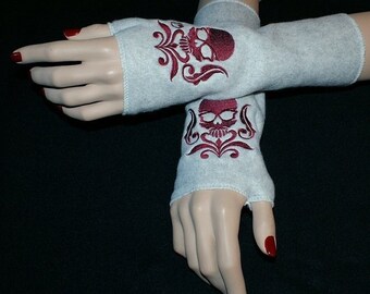 Embroidered Damask Skull Fleece Arm Warmers Burgundy / Gray MTCoffinz