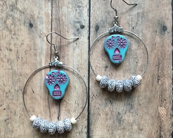 Blue and pink sugar skull earrings