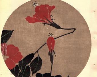 Japanese antique woodblock print, Ito Jakuchu, "Hibiscus, from Jakuchu gafu"