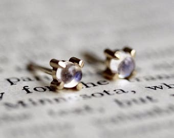 14K Moonstone Studs, Moonstone Jewelry, Moonstone Earrings, Minimal Jewelry, Tiny Studs, Prong Earrings, Post Studs